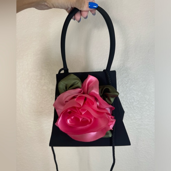 Julie Feldman Designs Blossom Handbag Pink Rose Black Satin Purse Rare $495 - Picture 1 of 14